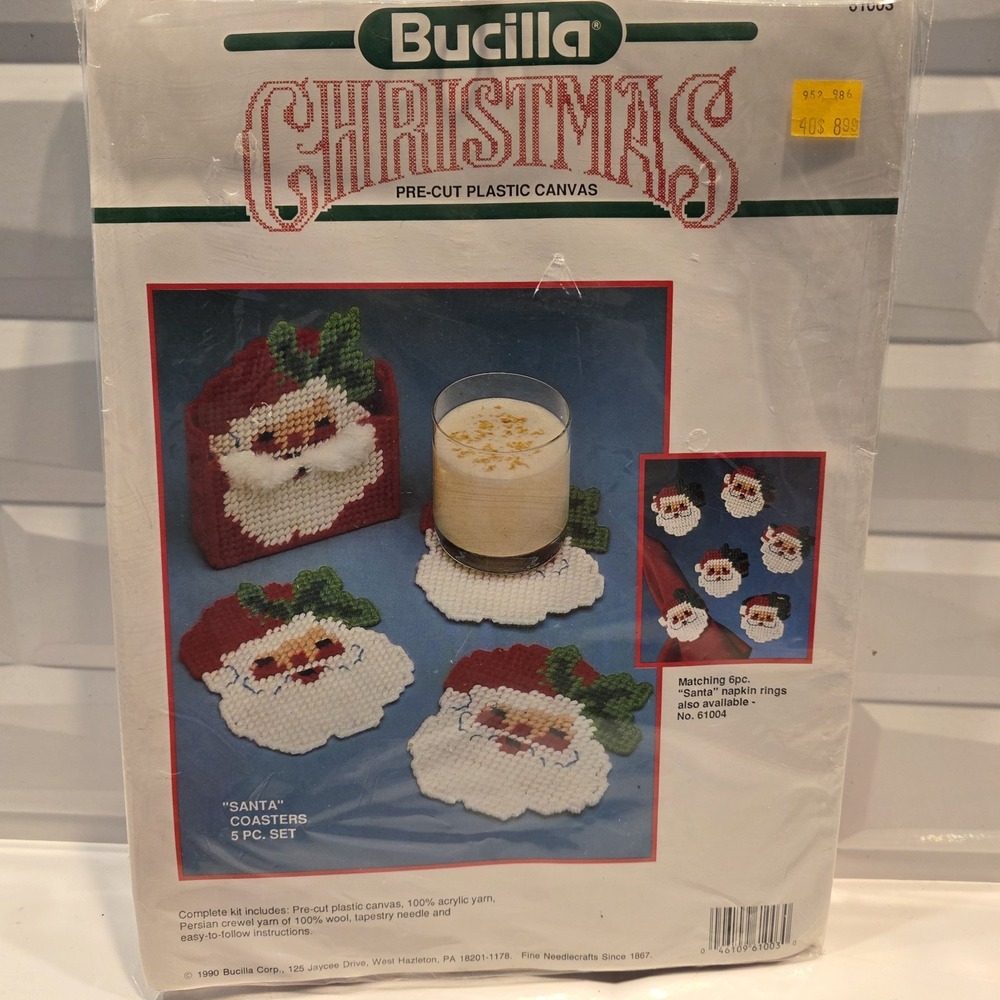 Vintage Christmas‎ Bucilla Plastic Canvas Kit 61003 SANTA FACE COASTERS & HOLDER